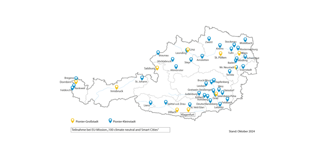 Karte aller Pionierstädte der Mission Klimaneutrale Stadt in Österreich