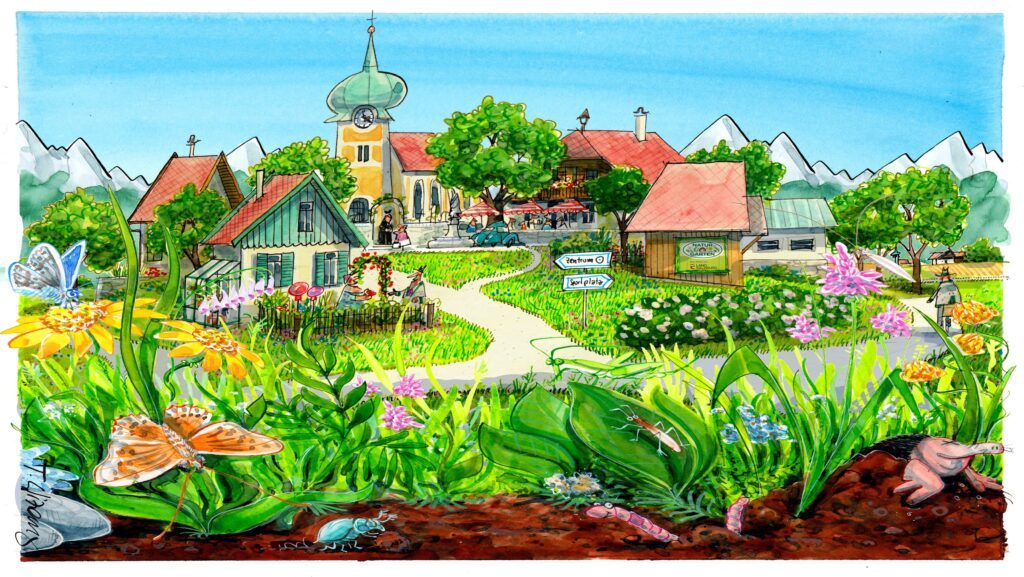 Zeichnung einer Gemeinde mit Biodiversität