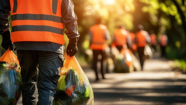 Mehrere Personen in Warnweste von hinten, mit Müllsäcken in der Hand