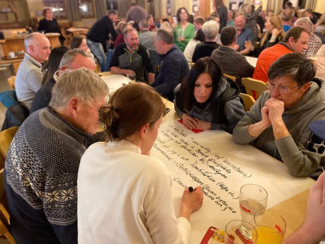 Menschen sitzen um einen Tisch in einem Gasthaus und schreiben Ideen und Wünsche auf ein Plakat