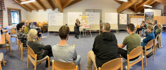 Eine Gruppe Weißbacher Bürger:innen sitzt im Halbkreis, vor einigen Pinnwänden und Flipcharts. Eine Moderatorin erklärt mithilfe eines Flipcharts