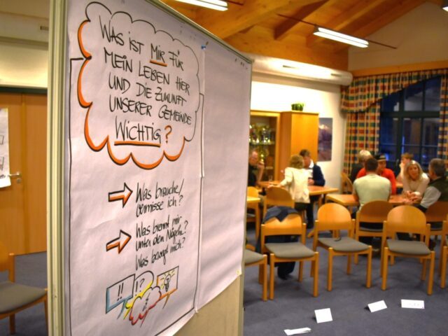 Ein Plakat für den Bürger:innenrat steht im Vordergrund. Im Hintergrund sitzen Personen in kleinen Gruppen beieinander.