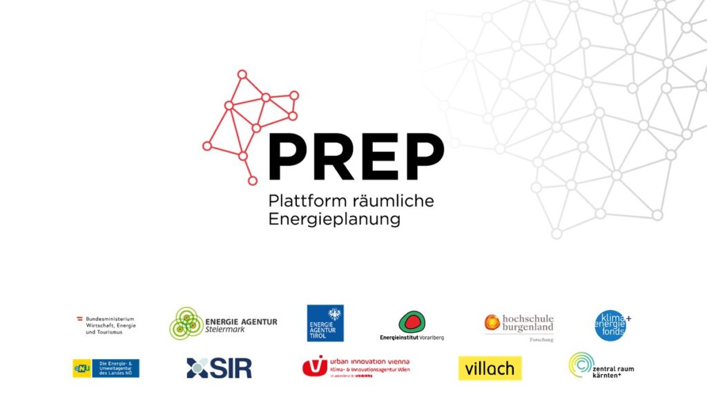 Das Logo der PREP mit den Logos des BMWET, der Energie Agentur Steiermark, Energie Agentur Tirol, Energieinstitut Vorarlbertg, Hochschule Burgenland, Klima- und Energiefonds, Energie- & Umweltagentur des Landes Niederösterreich, SIR, Urban Innovation Vienna, Villach, Zentralraum Kärnten