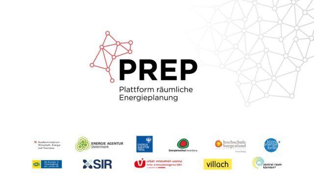 Das Logo der PREP mit den Logos des BMWET, der Energie Agentur Steiermark, Energie Agentur Tirol, Energieinstitut Vorarlbertg, Hochschule Burgenland, Klima- und Energiefonds, Energie- & Umweltagentur des Landes Niederösterreich, SIR, Urban Innovation Vienna, Villach, Zentralraum Kärnten